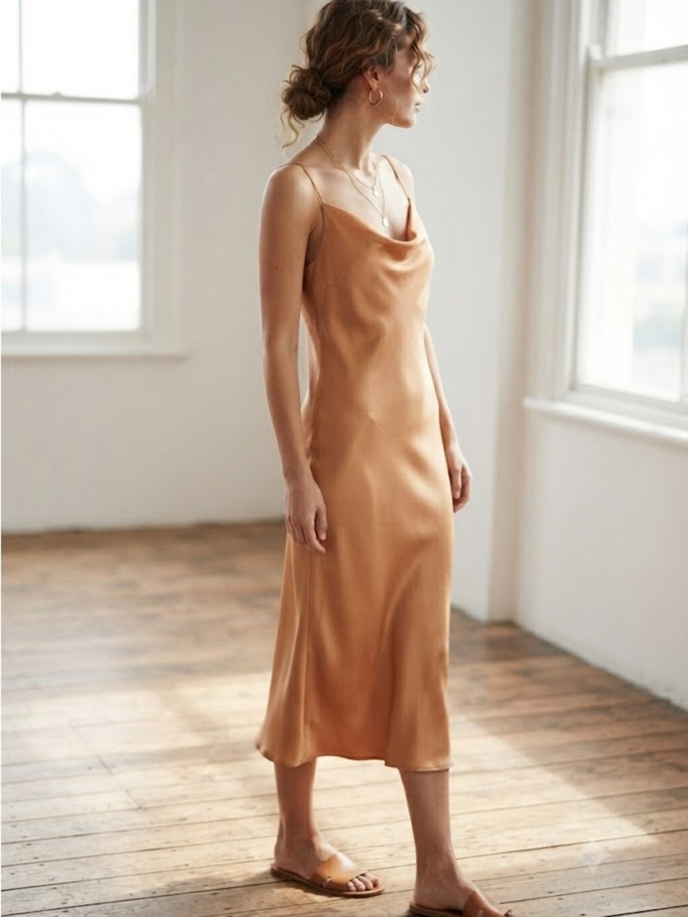 Satin Cowl-Neck Midi Slip Dress in Nude Tan